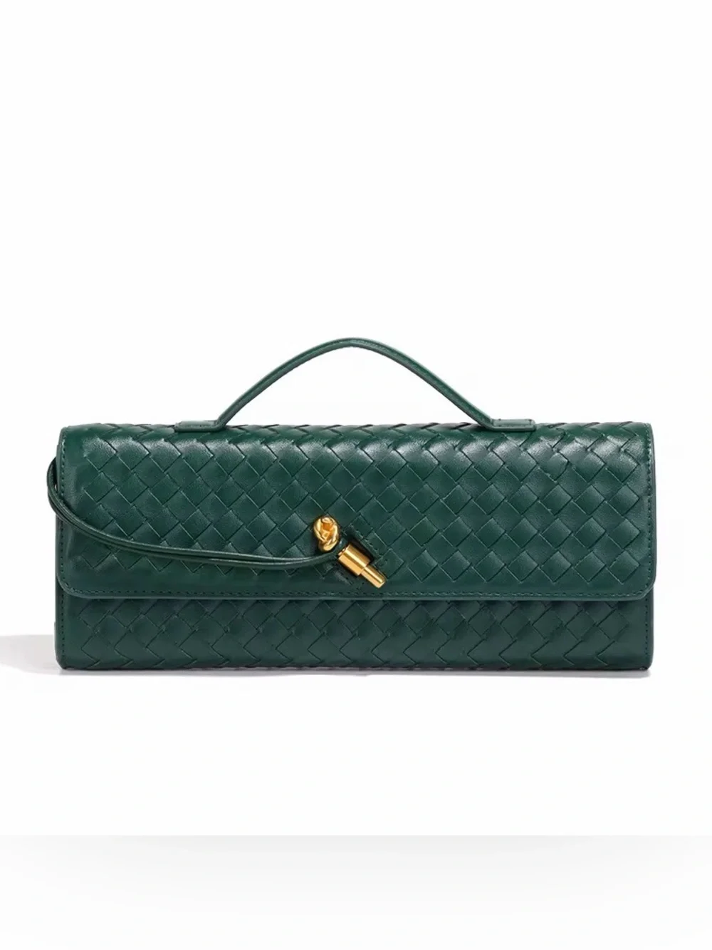 Dark Green Woven Leather Top-Handle Clutch